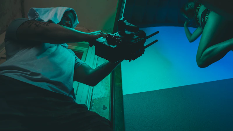 Man in teal polo shirt holding black dslr camera