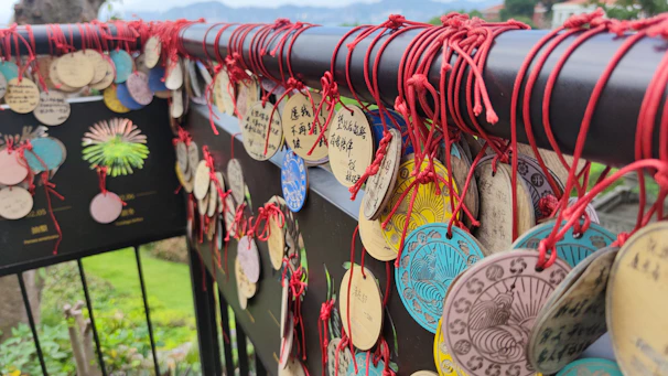 Close-up of a handcrafted dog medal holder made of natural wood with green accents.