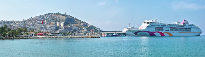A large white cruise ship is docked at a port in a coastal town. The ship features multicolored wave accents on its side. In the background, there is a hillside densely populated with buildings and a prominent flag on a pole. The clear blue water of the port reflects the serene and sunny weather.