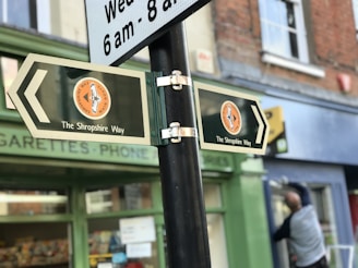 Two directional signs pointing in opposite directions are mounted on a pole, each with the text 'The Shropshire Way'. The background includes a storefront with a partially visible window and a person blurred in motion.
