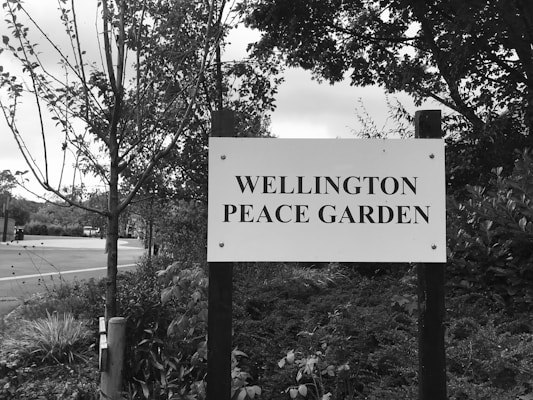A monochrome image showing a sign that reads 'Wellington Peace Garden'. The sign is mounted on two dark wooden posts and surrounded by lush, leafy foliage. Trees and other vegetation fill the background, while a pathway or road can be seen on the left side of the image.