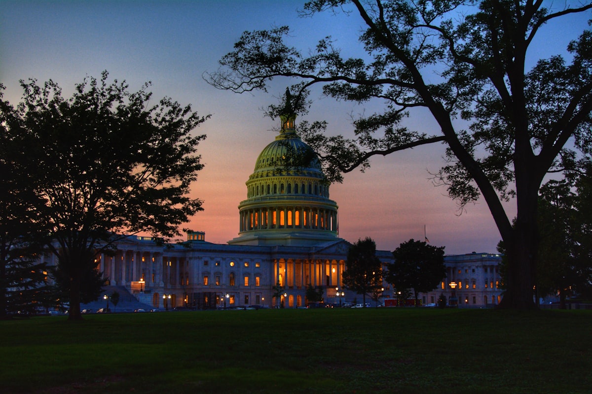 The U.S. Capitol building illuminated at night in Washington, D.C.