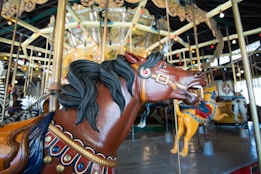 A vibrant carousel horse with elaborately painted details, including black mane, red saddle, and ornate decorations, is prominently featured. In the background, other carousel animals, such as a zebra, are visible along with multicolored lights and decorative elements. The setting appears to be an indoor amusement environment with a nostalgic atmosphere.