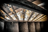 Peeling paint on the bars of a staircase railing with visible signs of rust and wear. The view is looking downward at worn wooden steps scattered with debris, dust, and small pieces of chipped paint, highlighted by dim lighting.