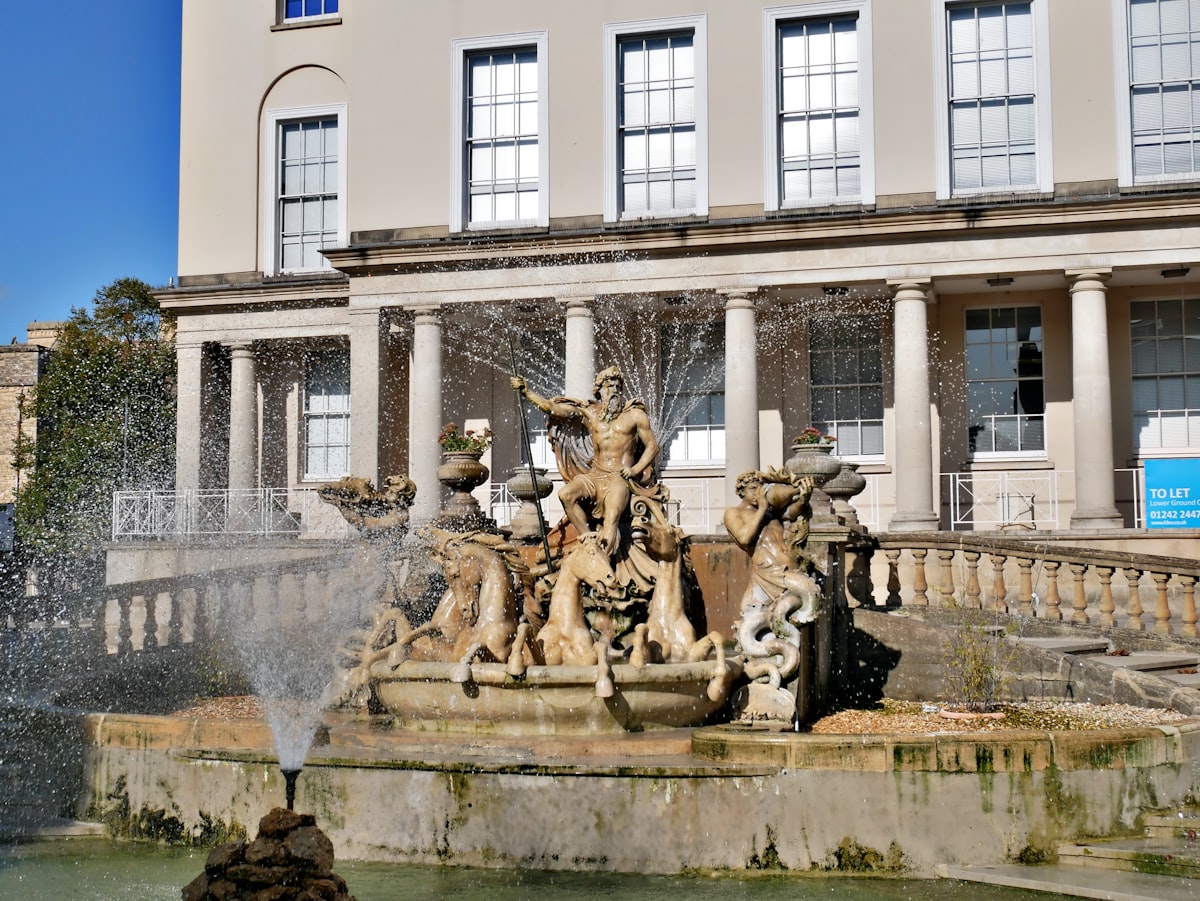Regency-era civic architecture and fountain in the spa town of Cheltenham, Gloucestershire