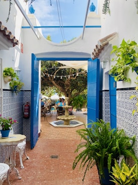 A charming courtyard with a white and blue color scheme, featuring intricately patterned tiles on the walls. There are blue doors open into a patio with a central fountain, surrounded by lush greenery. People are seated at tables under the shade of a large tree, enjoying a leisurely atmosphere. Potted plants and hanging lights add to the serene ambiance.