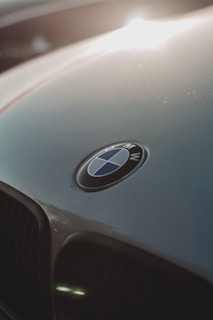 A close-up view of a car's hood featuring the BMW logo in the center. The badge is round with blue and white quadrants separated by black outlines. The surface reflects light, creating a gleaming effect.