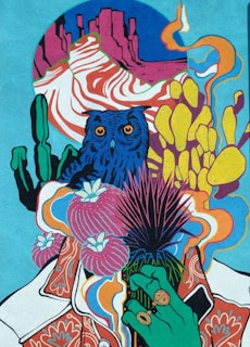 An intricate and vibrant illustration featuring a blue owl surrounded by surreal desert elements including cacti, flowers, and a hand with rings. The background showcases abstract red rock formations and swirling patterns, contributing to a psychedelic aesthetic.