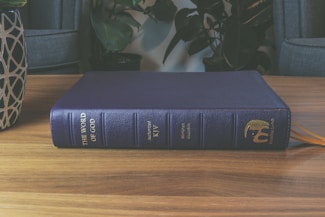 A dark blue Bible with gold embossed text rests on a wooden surface. The cover reads 'The Word of God' and 'Authorized KJV'. Surrounding the Bible are potted plants and upholstered chairs, providing a cozy and calm setting.