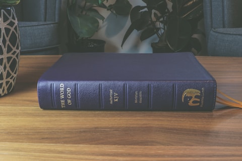 A dark blue Bible with gold embossed text rests on a wooden surface. The cover reads 'The Word of God' and 'Authorized KJV'. Surrounding the Bible are potted plants and upholstered chairs, providing a cozy and calm setting.