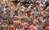 A large group of people adorned in vibrant traditional attire, including elaborate feathered headdresses and face paint. The gathering has a festive and colorful atmosphere, with intricate beadwork and natural materials incorporated into their ceremonial outfits.