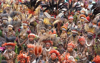 A large group of people adorned in vibrant traditional attire, including elaborate feathered headdresses and face paint. The gathering has a festive and colorful atmosphere, with intricate beadwork and natural materials incorporated into their ceremonial outfits.