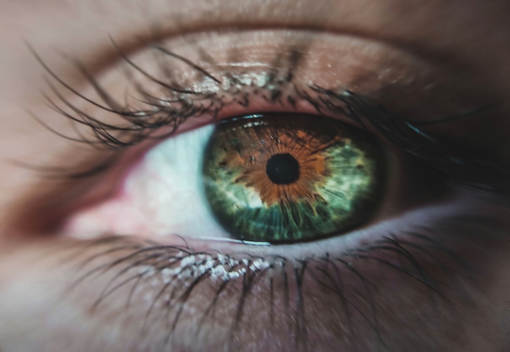 Ojo verde y morado en fotografía de primer plano