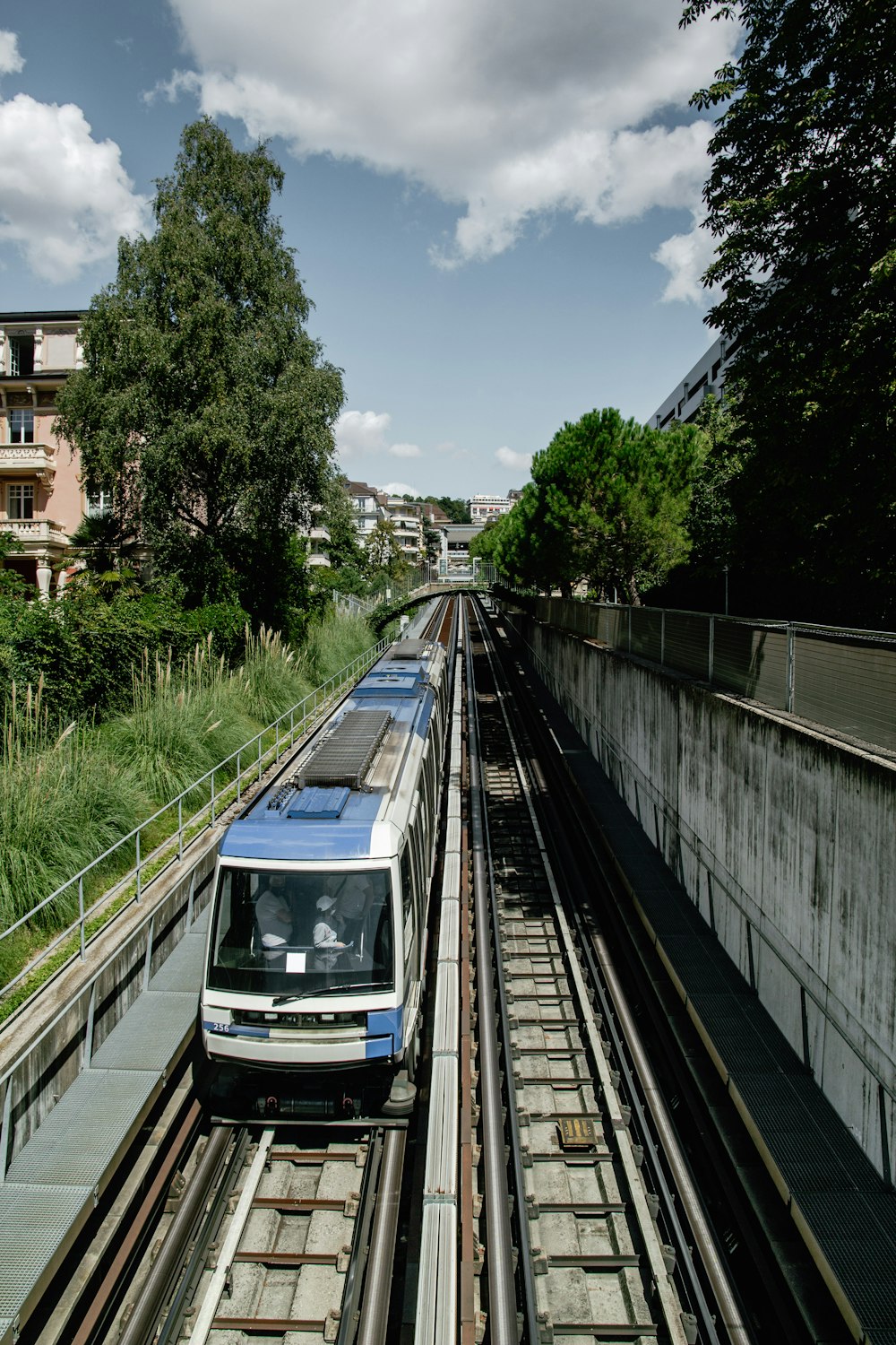 blue and white train on rail during daytime