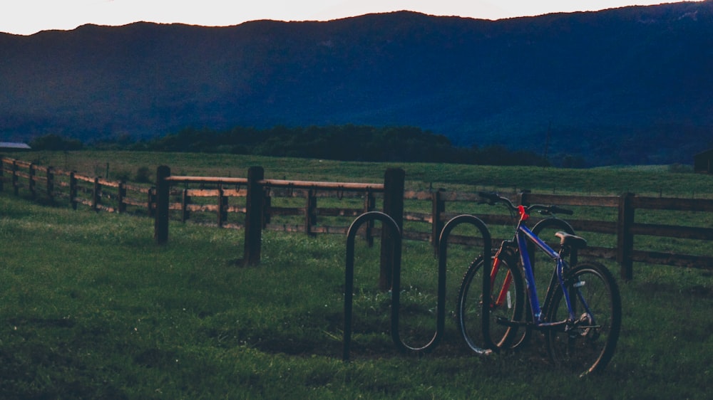 red and black mountain bike on brown wooden fence during daytime