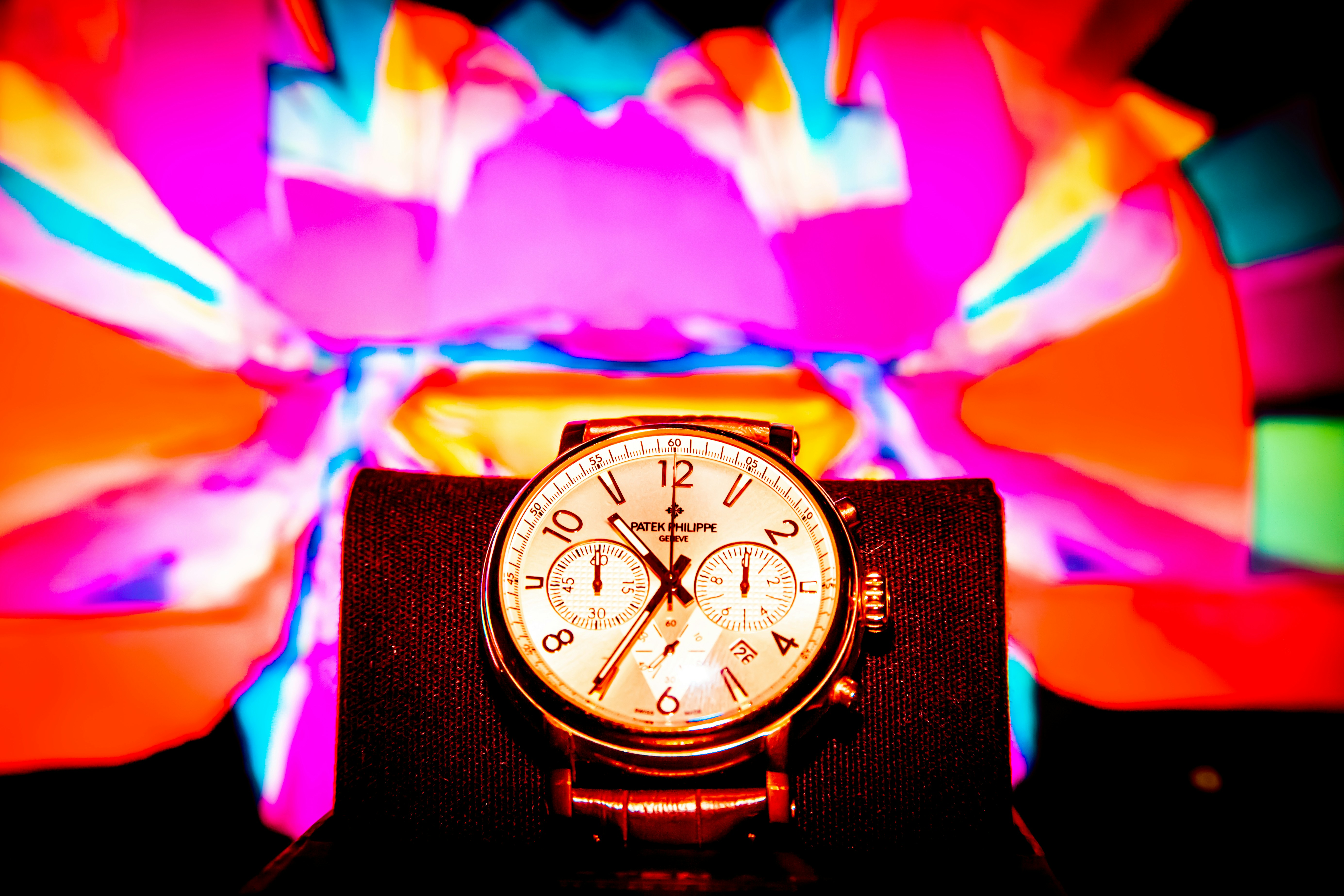 black and gold chronograph watch, Colorful Classic Watch in modern light - colorful and young