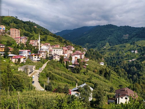 A picturesque hillside town with clustered buildings featuring red and white roofs is nestled amidst lush, green vegetation. The landscape is dominated by rolling hills and a backdrop of forested mountains. A distinct mosque with a tall minaret stands out among the buildings, and a winding road cuts through the greenery leading to the town.