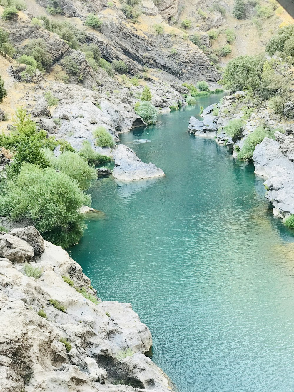 green river between gray rocky mountain during daytime