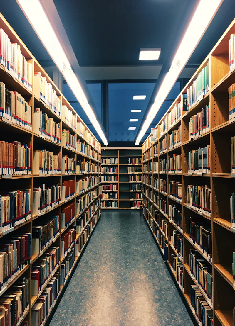 A quiet law library with tall shelves of legal texts and warm reading light