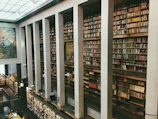A large library features tall, multi-tiered bookshelves filled with a vast collection of books, spanning from floor to ceiling. The architecture includes high ceilings, pillars, and an overhead mural showing a colorful depiction of figures and sunlight. In the foreground, a few individuals are seated at tables surrounded by books, engaging in study or reading.