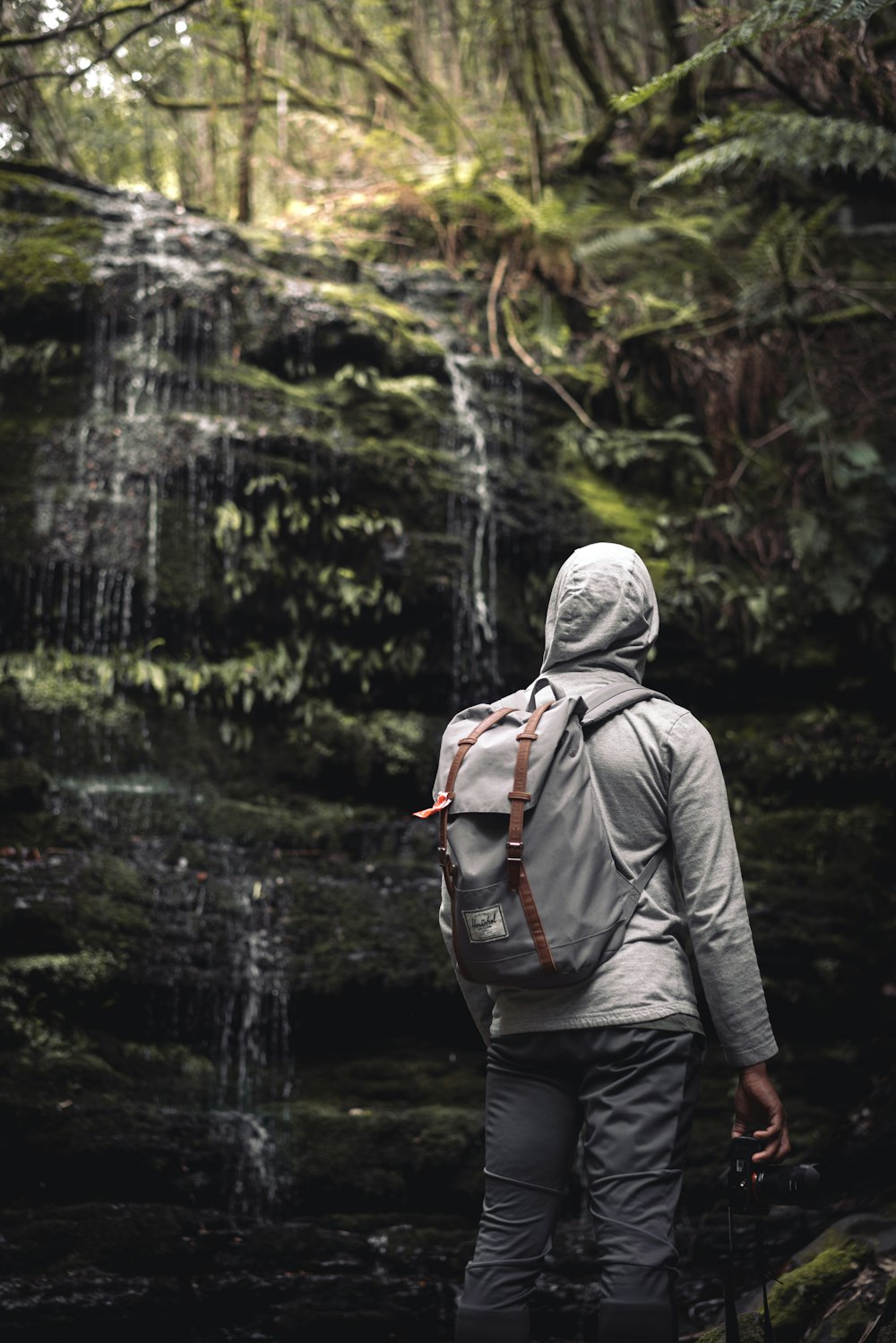 person in gray hoodie standing in front of waterfalls