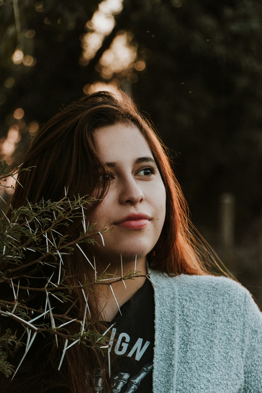 woman in gray sweater standing near brown tree during daytime