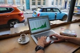 A person is working on a laptop at a wooden table next to a window. The screen displays a graph with rising data. Beside the laptop, there is a cup of espresso and a book titled 'How the World Thinks.' Outside the window, a street scene with parked cars can be seen.