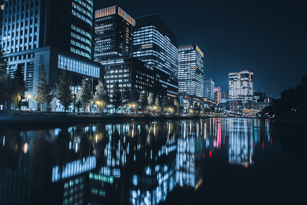 city skyline during night time