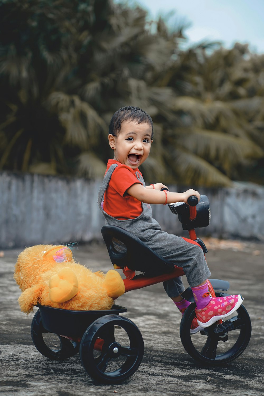 Niño con polo rojo y azul montando en bicicleta roja y negra durante el día