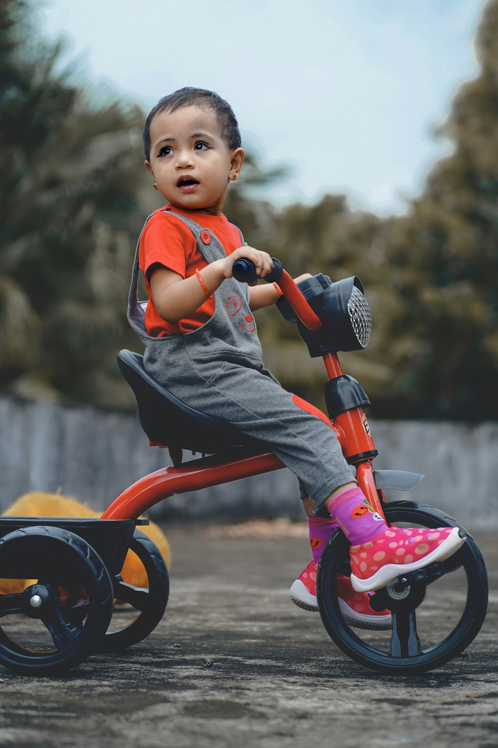 child in red and white stripe polo shirt and gray pants riding on red and black