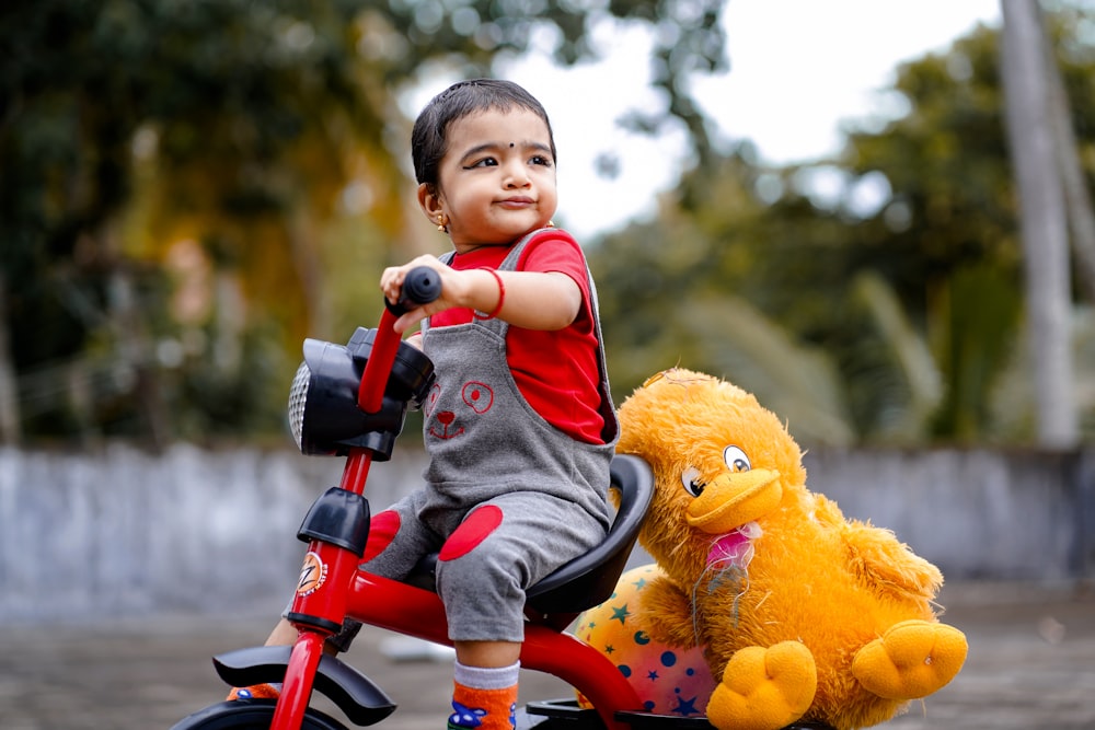 child in red and white long sleeve shirt riding on red bicycle with yellow bear plush