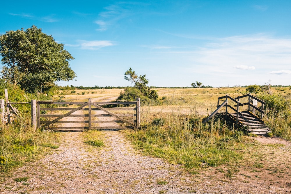 brown wooden fence on green grass field under blue sky during daytime