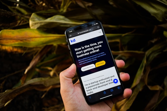 A smartphone is being held in a hand against a background of corn plants. The phone display shows a webpage with text promoting business services, featuring a call-to-action button and the phrase 'Now is the time, you start getting more business online!'