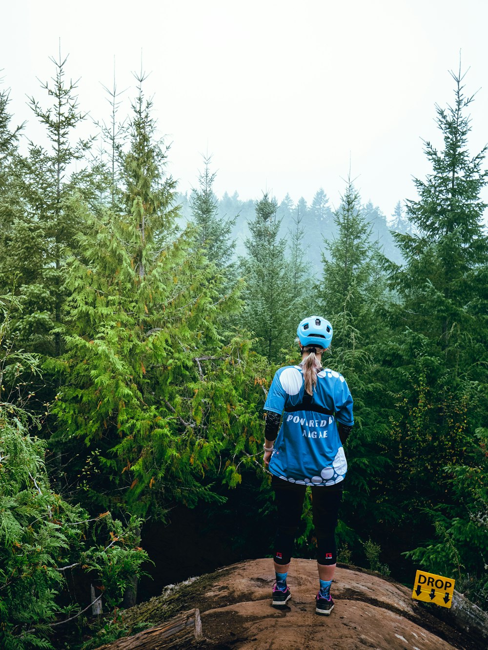 man in blue jacket standing on forest during daytime