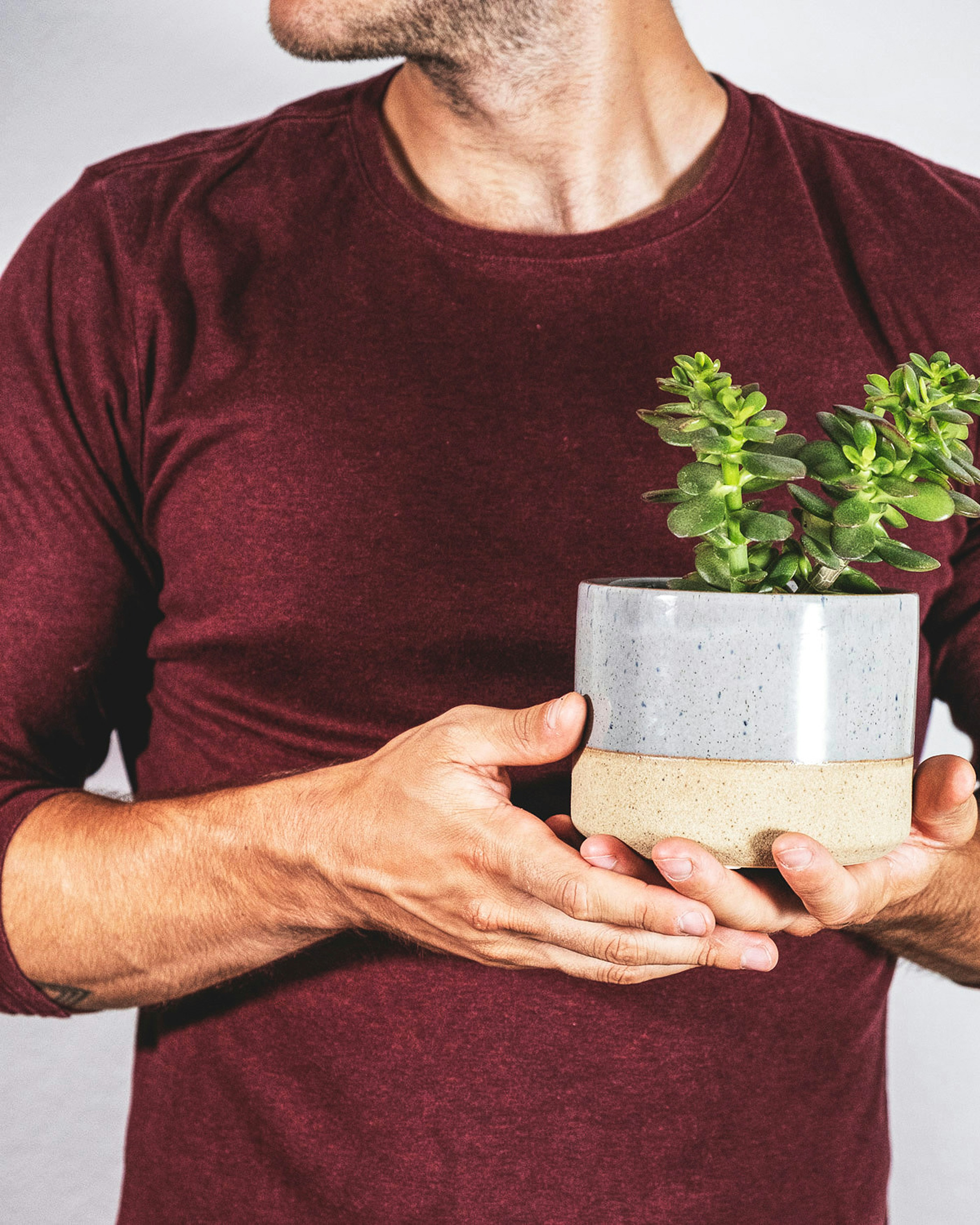 Mujer con cuello granate camisa de manga larga sosteniendo una planta verde