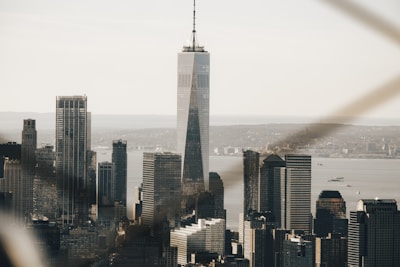 A skyline view featuring tall skyscrapers with a prominent tower in the center, surrounded by other high-rise buildings. The background reveals a body of water and land in the distance, with a light, hazy sky.