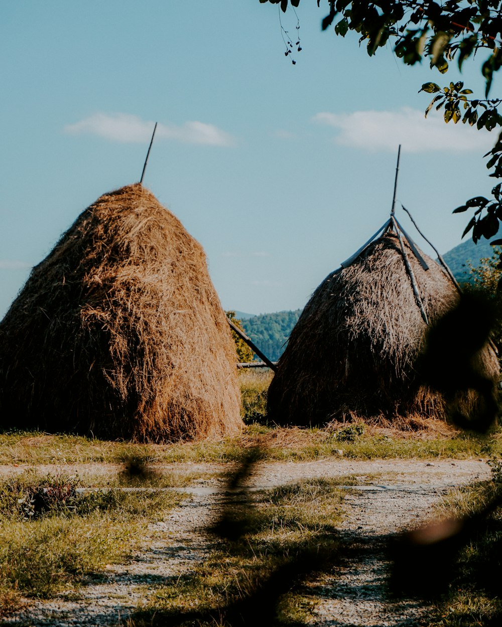 brown hay stack on green grass field during daytime