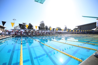 A large outdoor swimming pool with several lanes, separated by yellow lane dividers. In the background, there are many people gathered under white tents and some trees. Black and yellow triangular flags are strung above the pool lanes. The sky is clear and the sun is bright, casting reflections on the water.