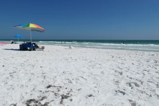 A sunny Oak Island beach scene with colorful umbrellas and coolers set up near the shore.