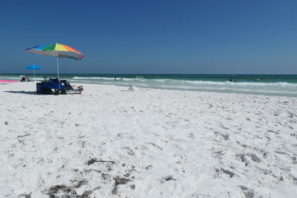 A sunny Oak Island beach scene with colorful umbrellas and coolers set up near the shore.
