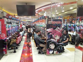 Close-up of a vibrant, modern video game market scene with colorful displays and engaged customers.