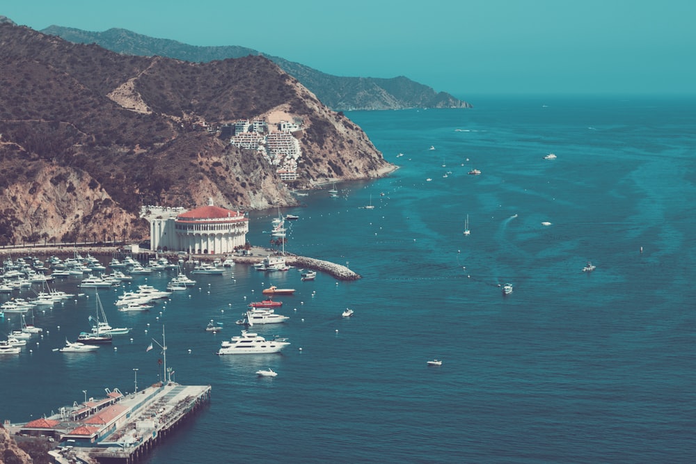 Barca bianca sul mare vicino alla montagna durante il giorno