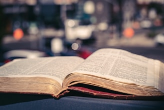 An open book with visible text pages, placed against a softly focused urban background. The book's pages appear slightly aged, and the background suggests a cityscape with blurred details of buildings and street features.