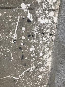 A concrete surface with splatters of white and black paint scattered across it in an abstract pattern. The texture of the concrete is visible, and the paint splatters vary in size, with some appearing as small dots and others as larger, irregular blobs. There are also fine lines of paint running across the surface, adding to the chaotic appearance.
