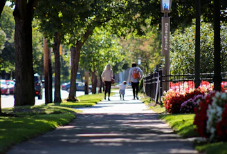Volunteers walking alongside girls on a safe passage route, shaded by lush trees in a quiet neighborhood.