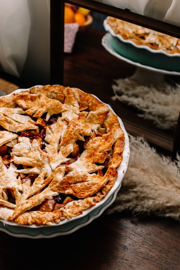 Brown pie on white ceramic plate