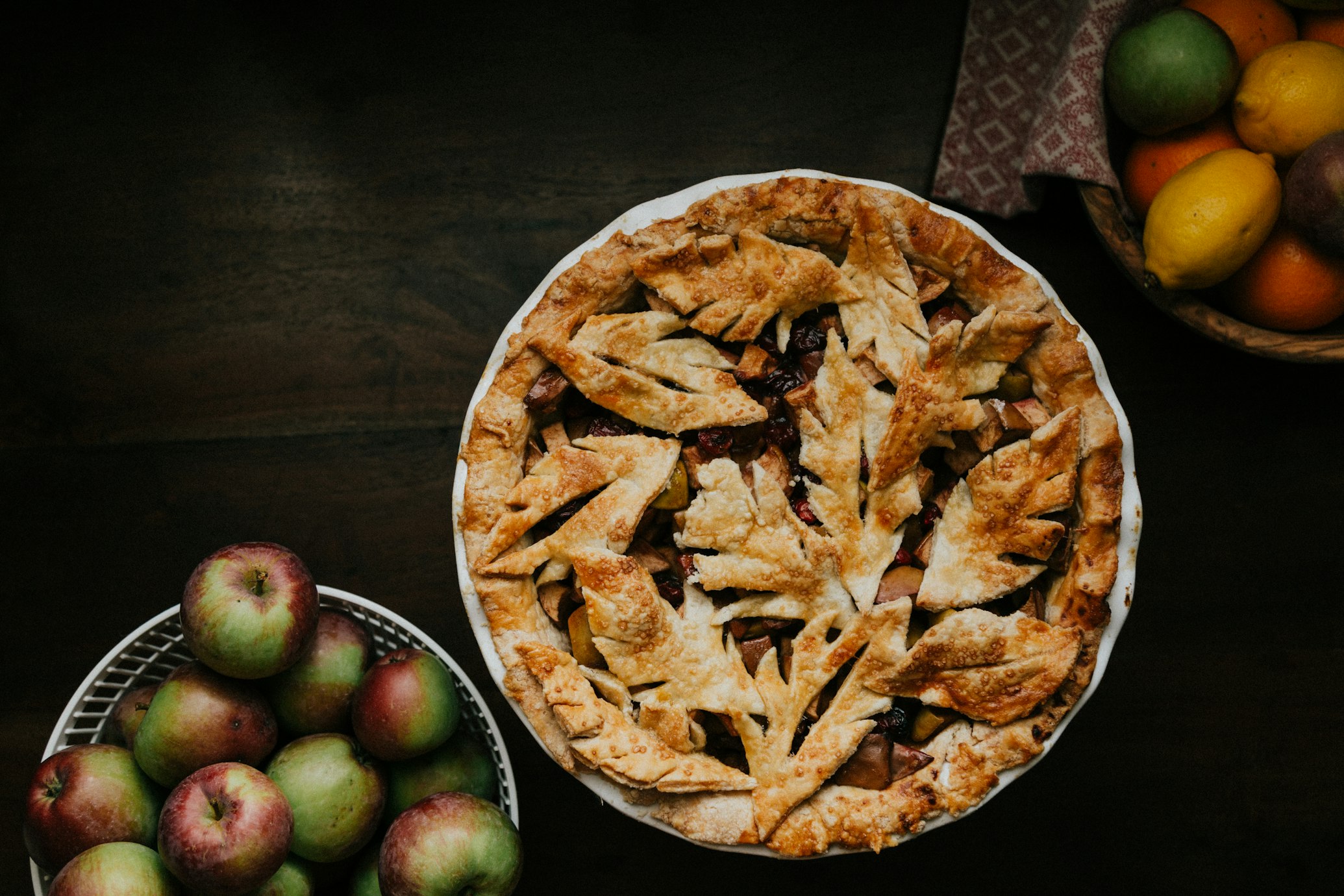 Pie flat lay on wood surface