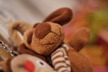 A soft, plush teddy bear with brown fur and striped limbs is pictured. It appears to be a stuffed toy in close-up, with blurred colorful elements in the background providing a warm and cozy setting.