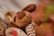 A soft, plush teddy bear with brown fur and striped limbs is pictured. It appears to be a stuffed toy in close-up, with blurred colorful elements in the background providing a warm and cozy setting.