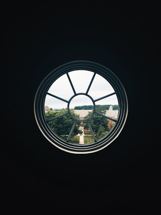 A circular window frames a view of a suburban neighborhood, with lush green trees and rooftops. The scene outside is well-lit, providing a contrast to the dark interior framing of the window.